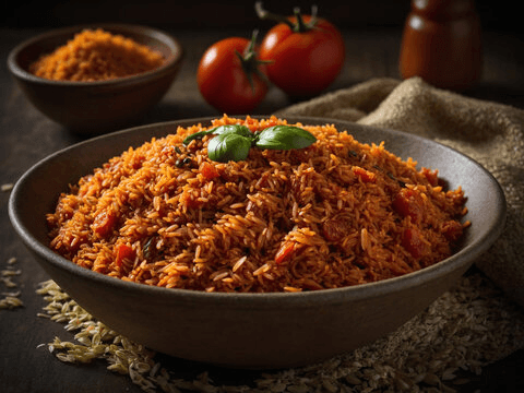 Jollof rice, chicken and plantain at De Dem's Restaurant